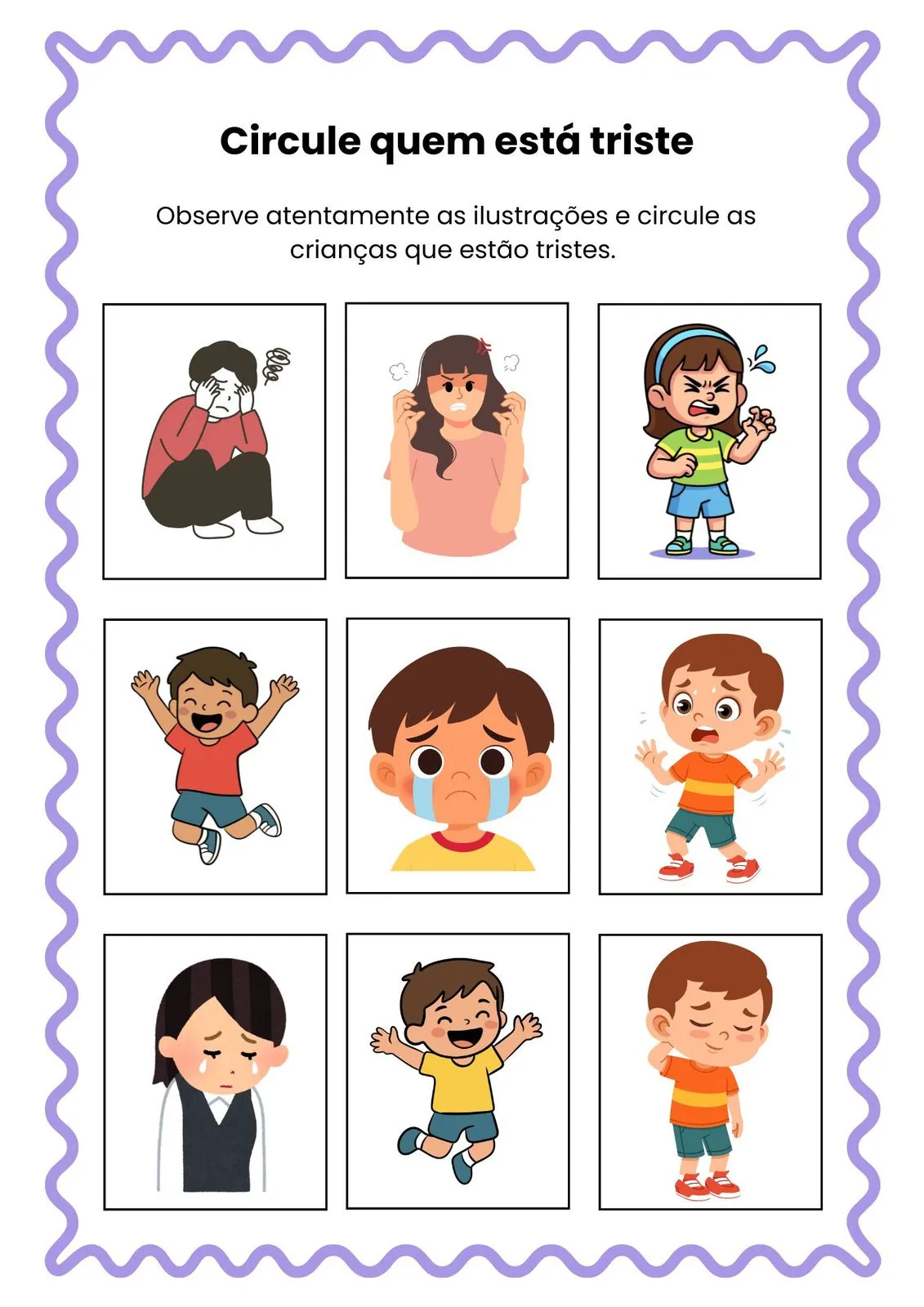 Circule Quem Está Triste para Imprimir (PDF Gratuito) | Educação Infantil — Expressões faciais de tristeza