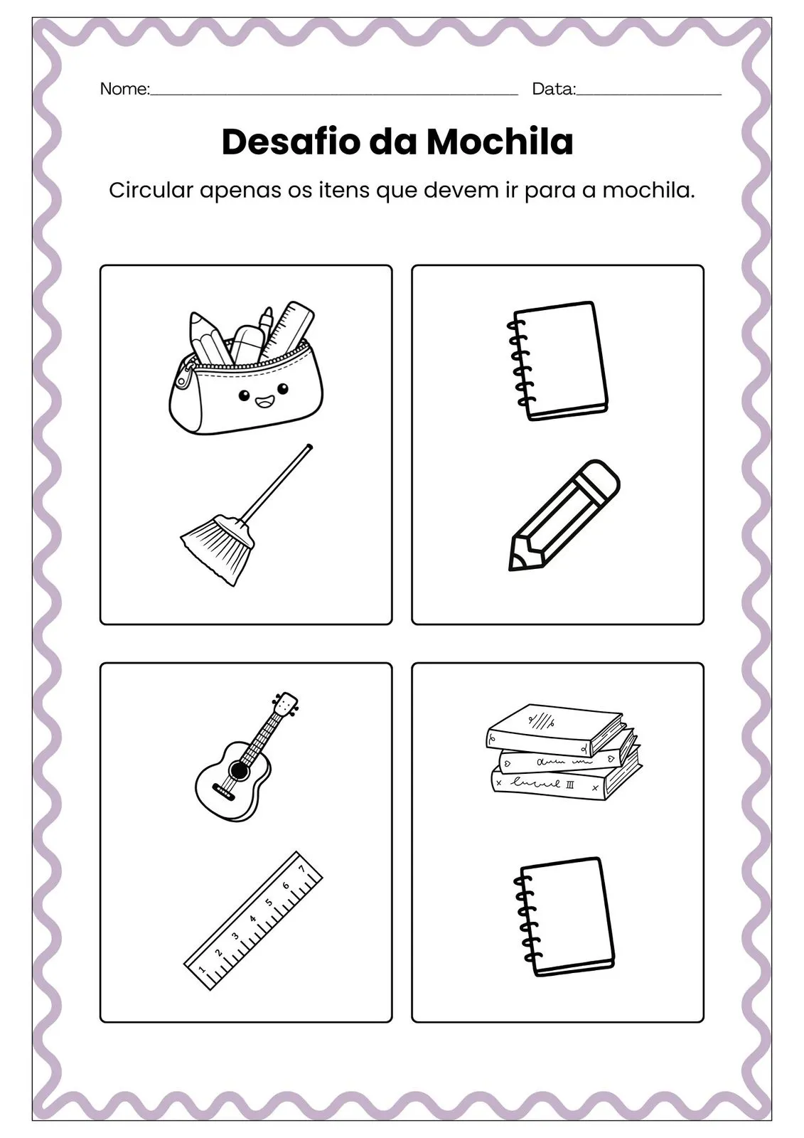 Desafio da Mochila para Imprimir (PDF Gratuito) | Educação Infantil — Atividade de organização escolar
