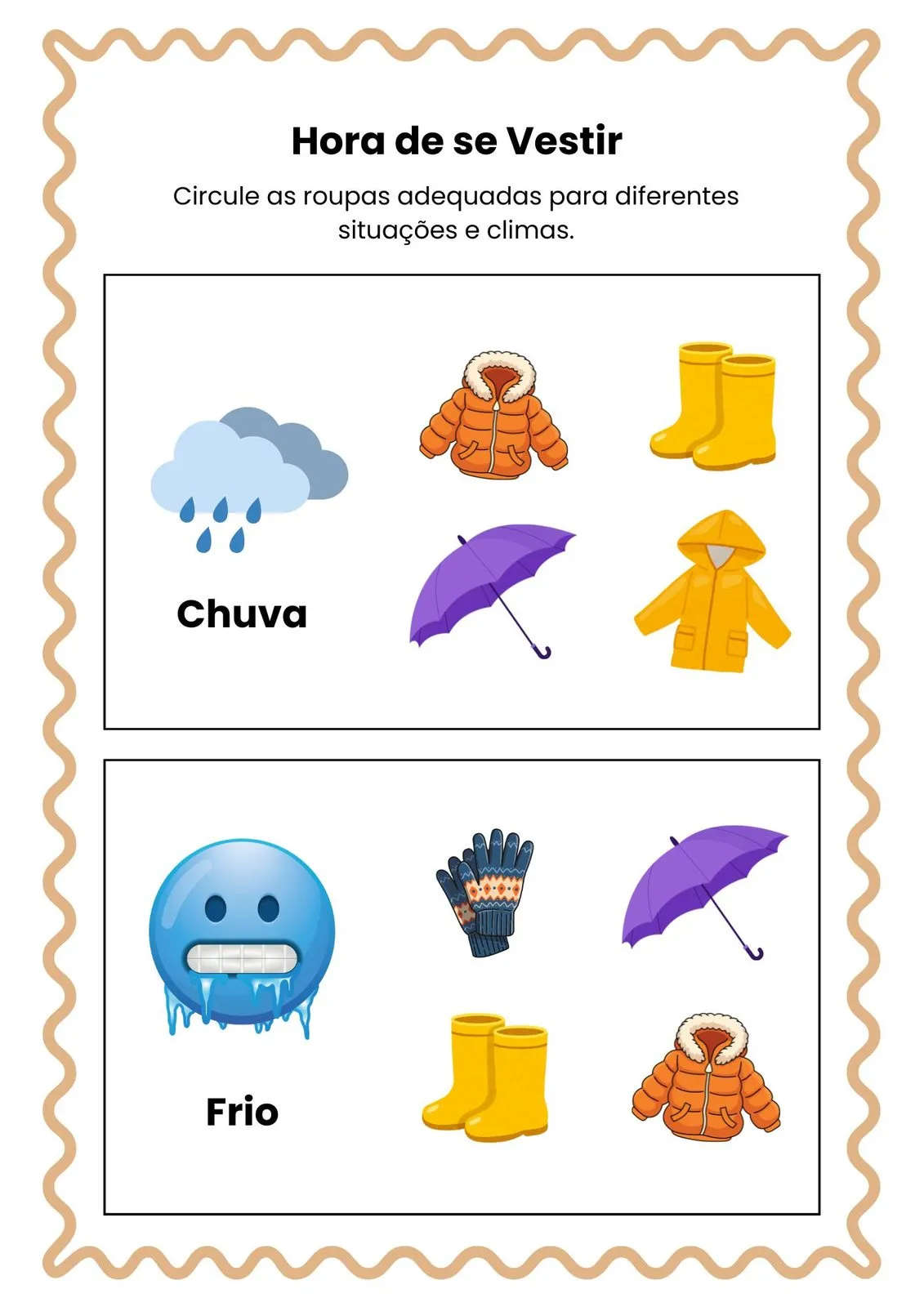 Hora de se Vestir para Imprimir (PDF Gratuito) | Educação Infantil — Roupas para diferentes climas