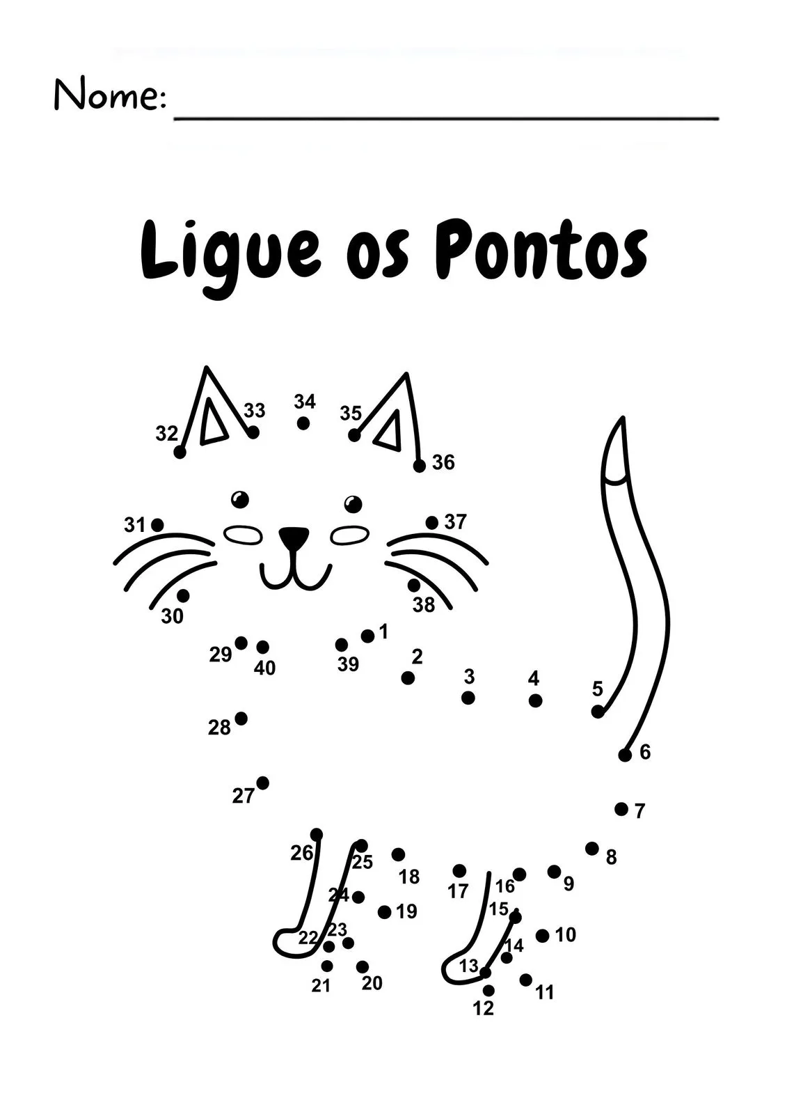 Ligue os Pontos e Descubra para Imprimir (PDF Gratuito) | Educação Infantil — Ligue os Pontos numerado de 1 a 40 — desenho do gatinho