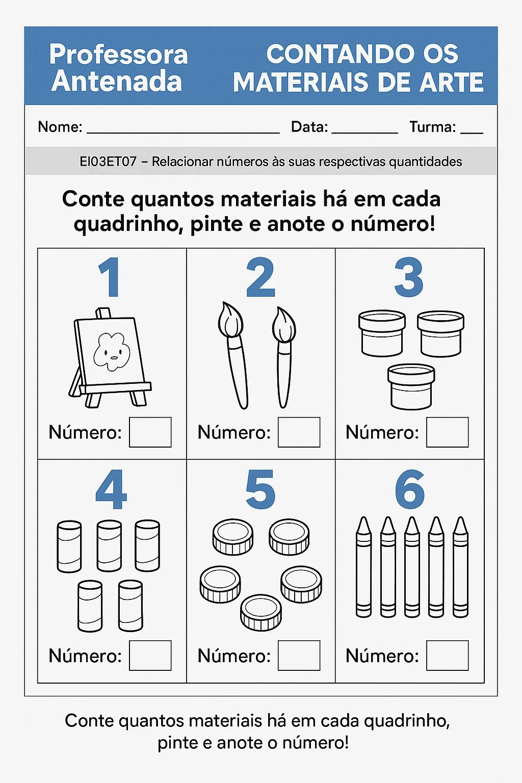 Oficina de Artes do Dia das Crianças para Imprimir (PDF Gratuito) | Educação Infantil — Atividade de contagem e registro de numerais com materiais artísticos e sucatas