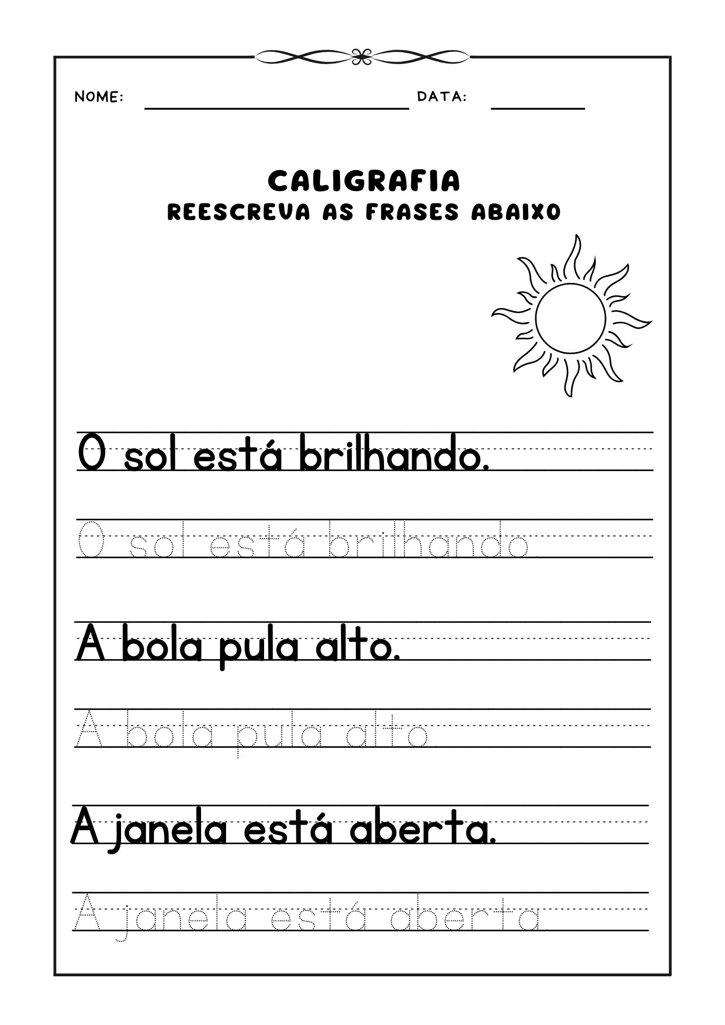 Atividade de caligrafia, Reescrever frases para prática de caligrafia, Caligrafia para crianças, Exercício de escrita, Aprendizado de caligrafia, Frases para caligrafia