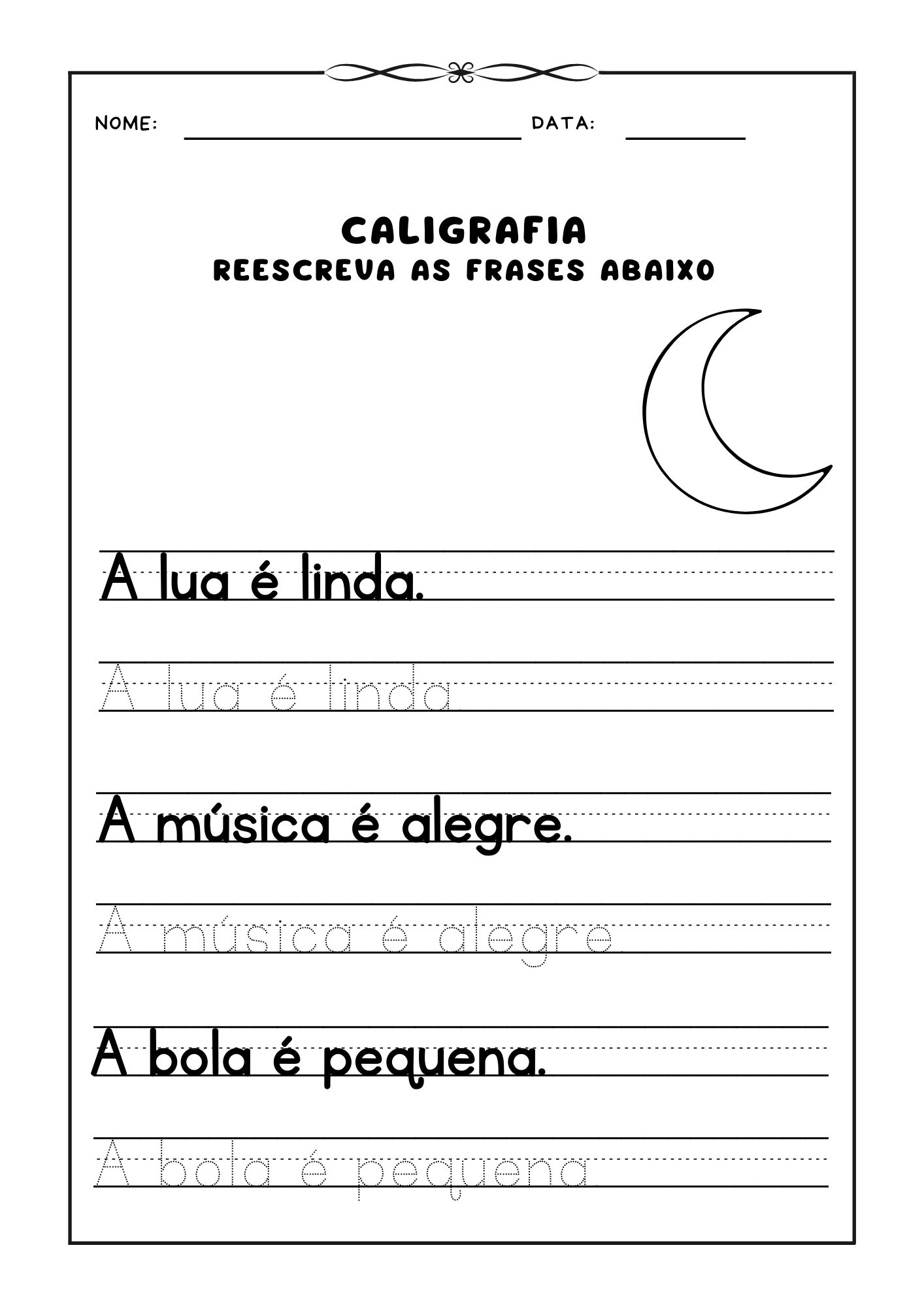 Atividade de caligrafia, Reescrever frases para prática de caligrafia, Caligrafia para crianças, Exercício de escrita, Aprendizado de caligrafia, Frases para caligrafia