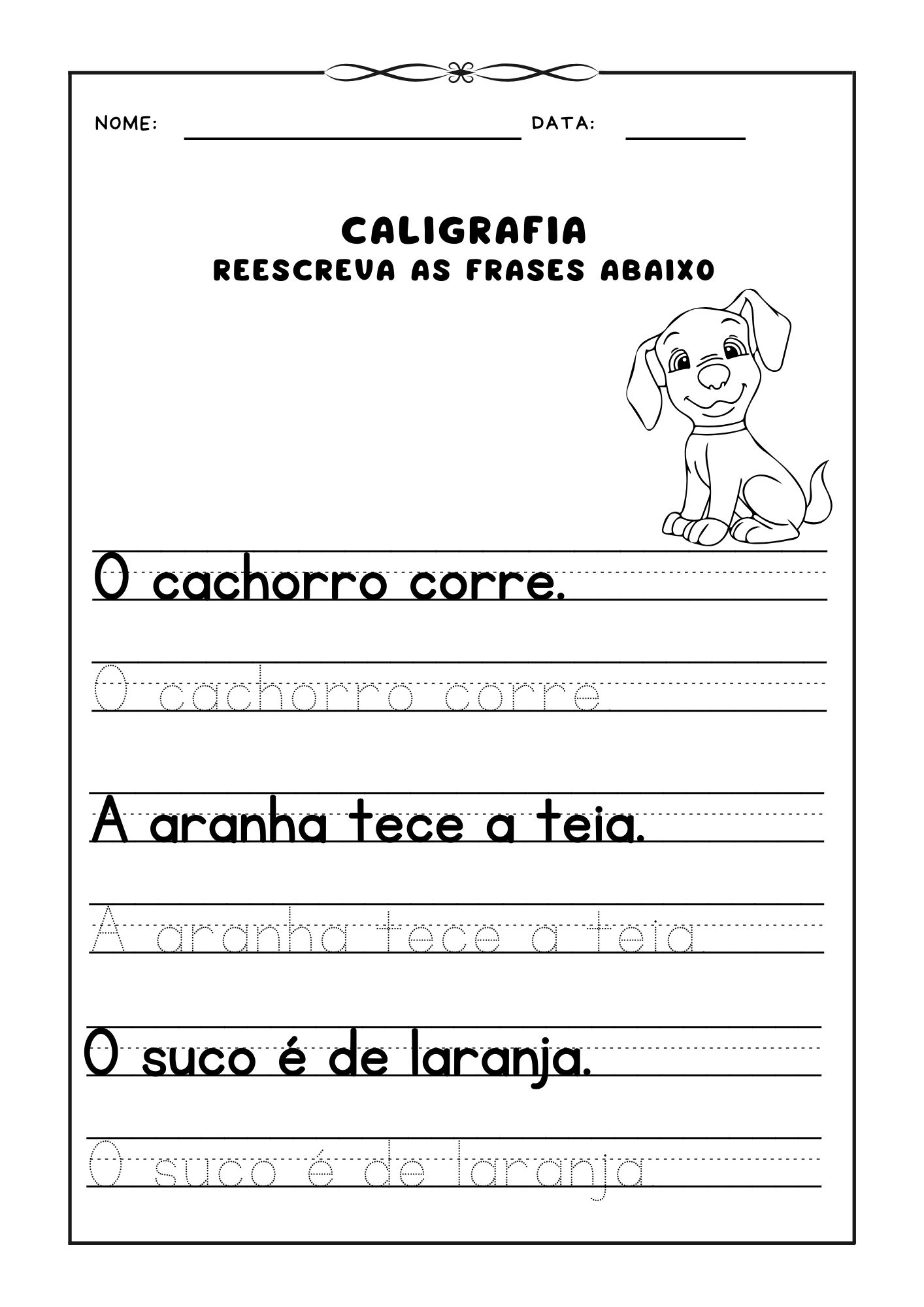 Atividade de caligrafia, Reescrever frases para prática de caligrafia, Caligrafia para crianças, Exercício de escrita, Aprendizado de caligrafia, Frases para caligrafia