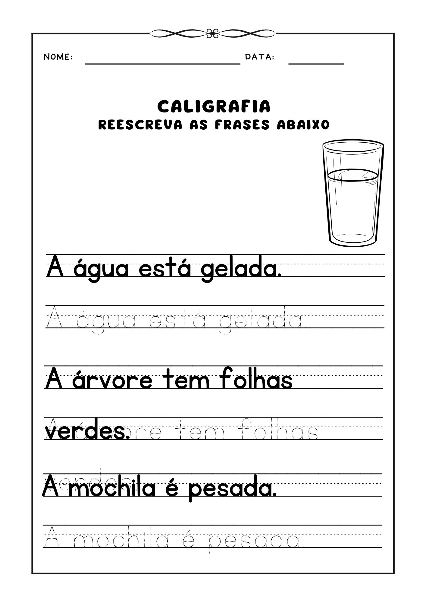 Atividade de caligrafia, Reescrever frases para prática de caligrafia, Caligrafia para crianças, Exercício de escrita, Aprendizado de caligrafia, Frases para caligrafia