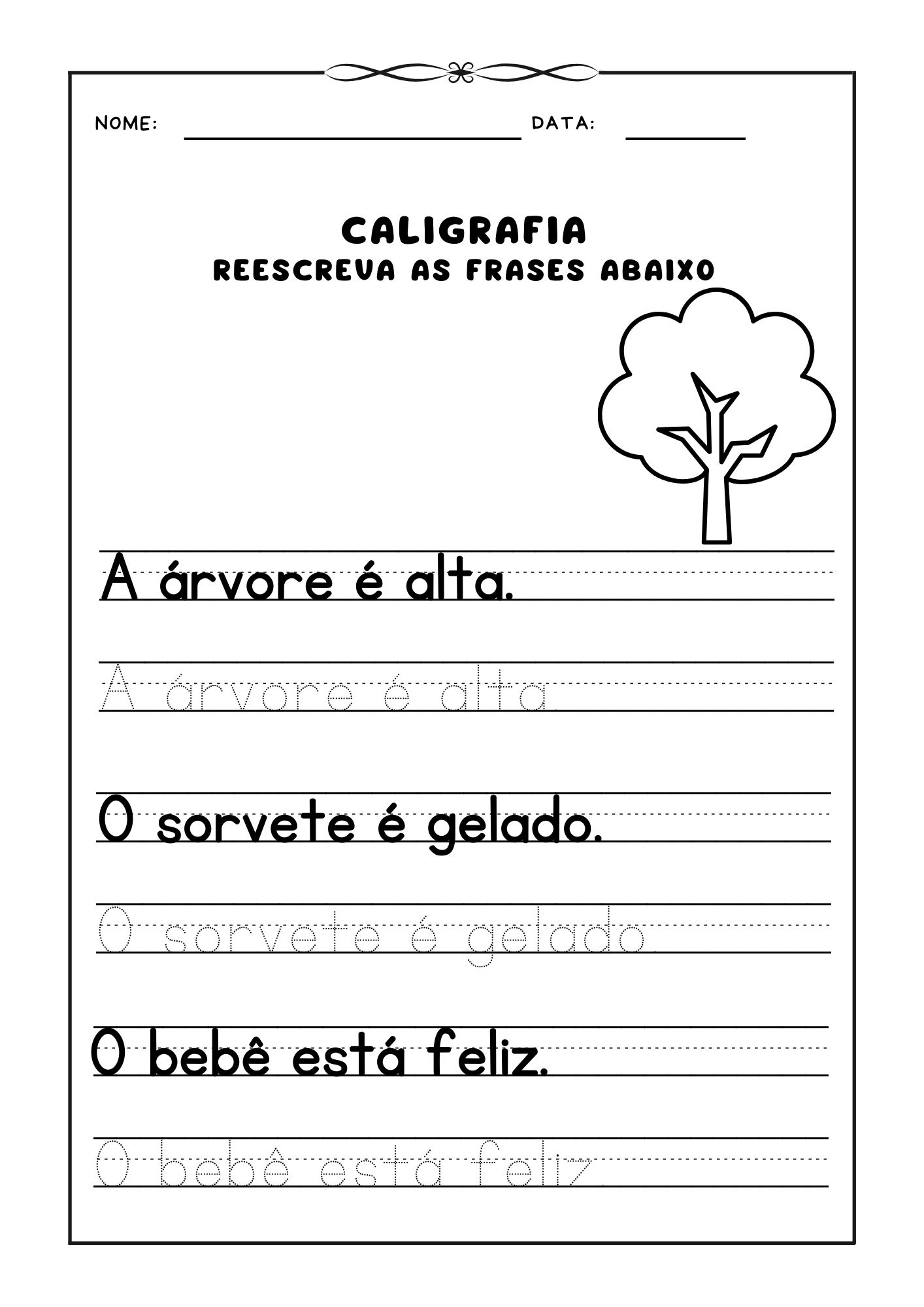 Atividade de caligrafia, Reescrever frases para prática de caligrafia, Caligrafia para crianças, Exercício de escrita, Aprendizado de caligrafia, Frases para caligrafia