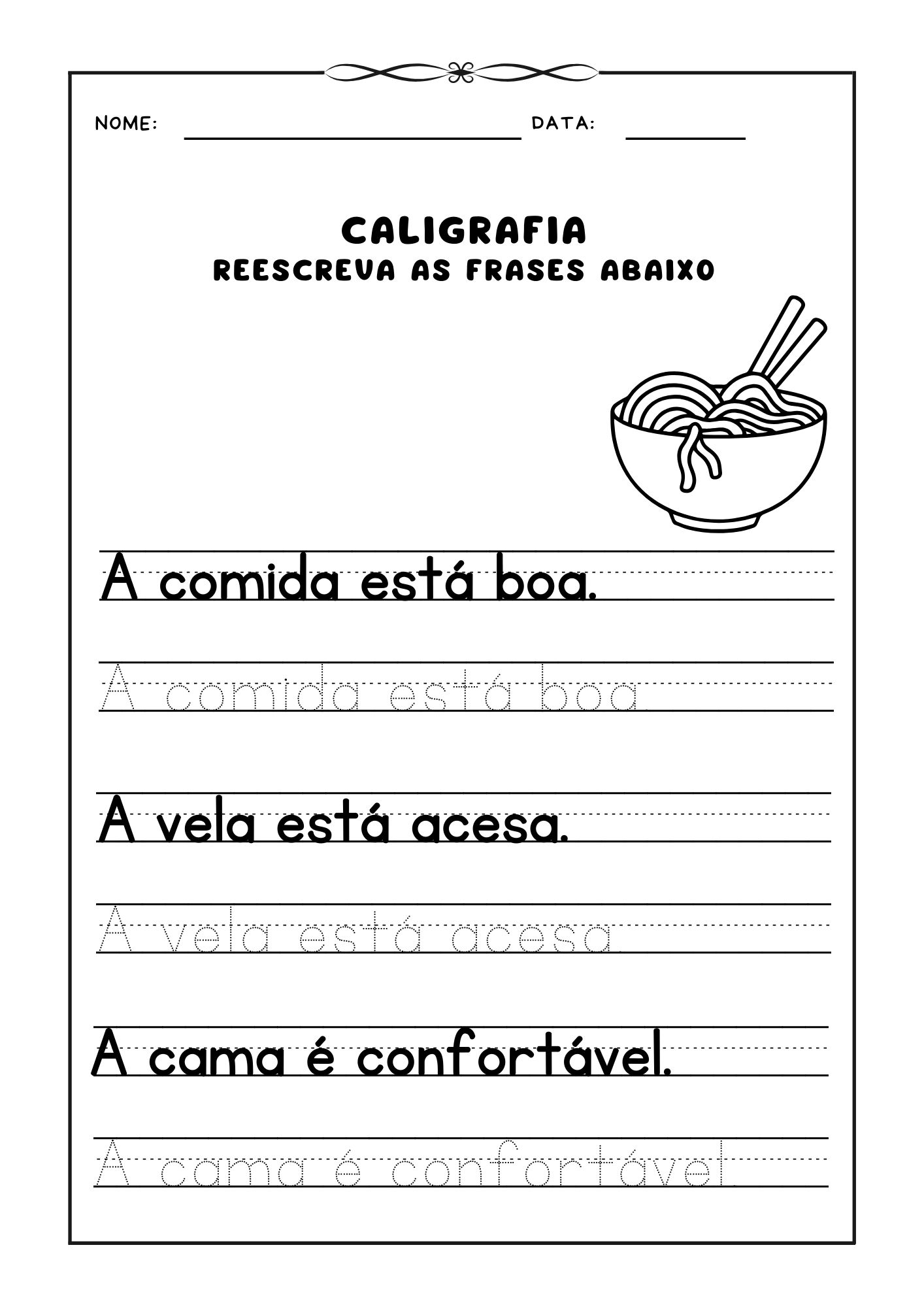 Atividade de caligrafia, Reescrever frases para prática de caligrafia, Caligrafia para crianças, Exercício de escrita, Aprendizado de caligrafia, Frases para caligrafia