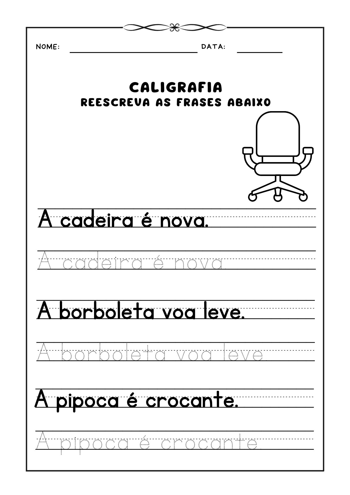 Atividade de caligrafia, Reescrever frases para prática de caligrafia, Caligrafia para crianças, Exercício de escrita, Aprendizado de caligrafia, Frases para caligrafia