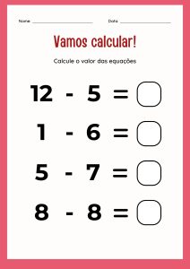 Atividade: Resolva as equações de subtração escolhidas