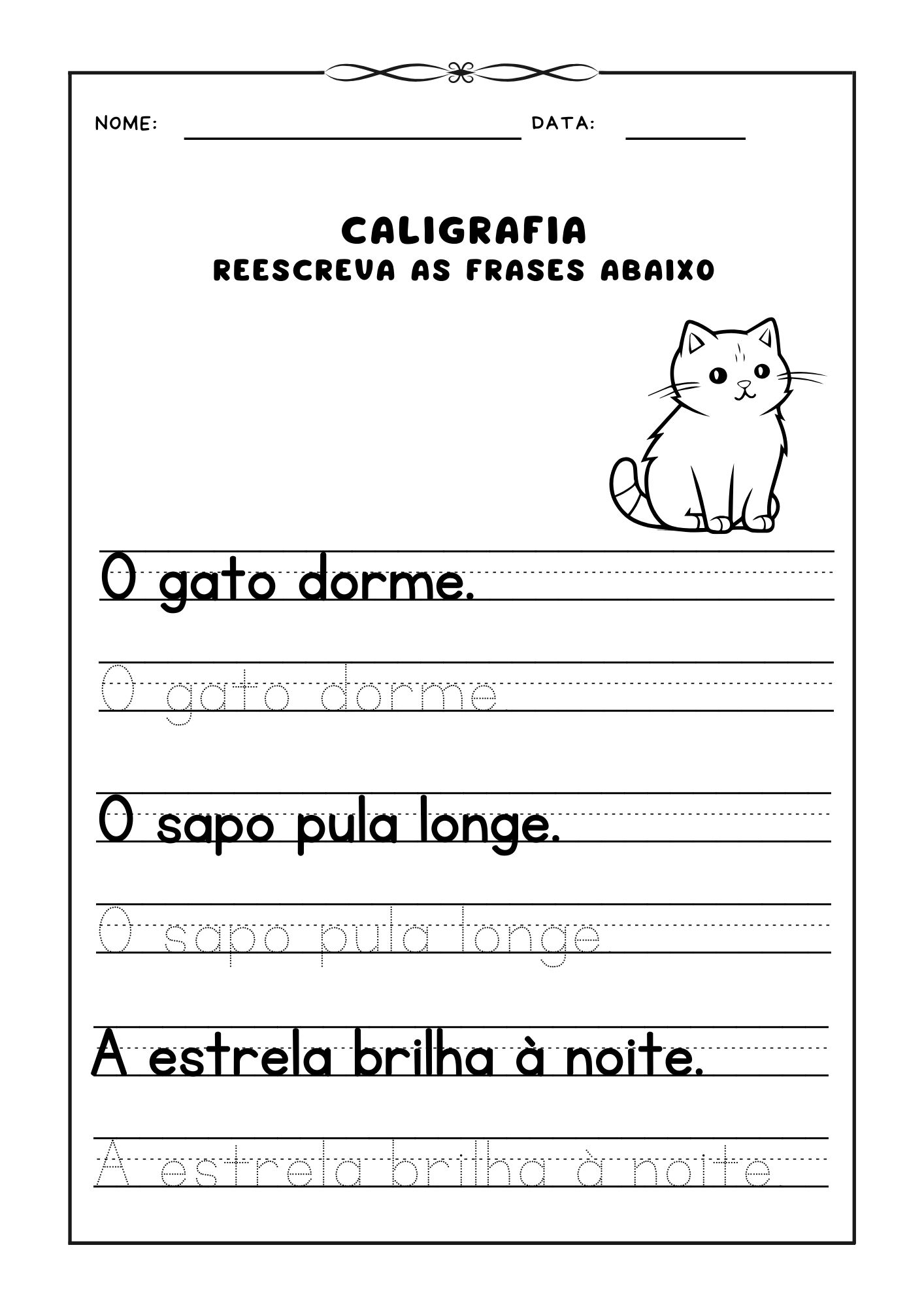 Atividade de caligrafia, Reescrever frases para prática de caligrafia, Caligrafia para crianças, Exercício de escrita, Aprendizado de caligrafia, Frases para caligrafia