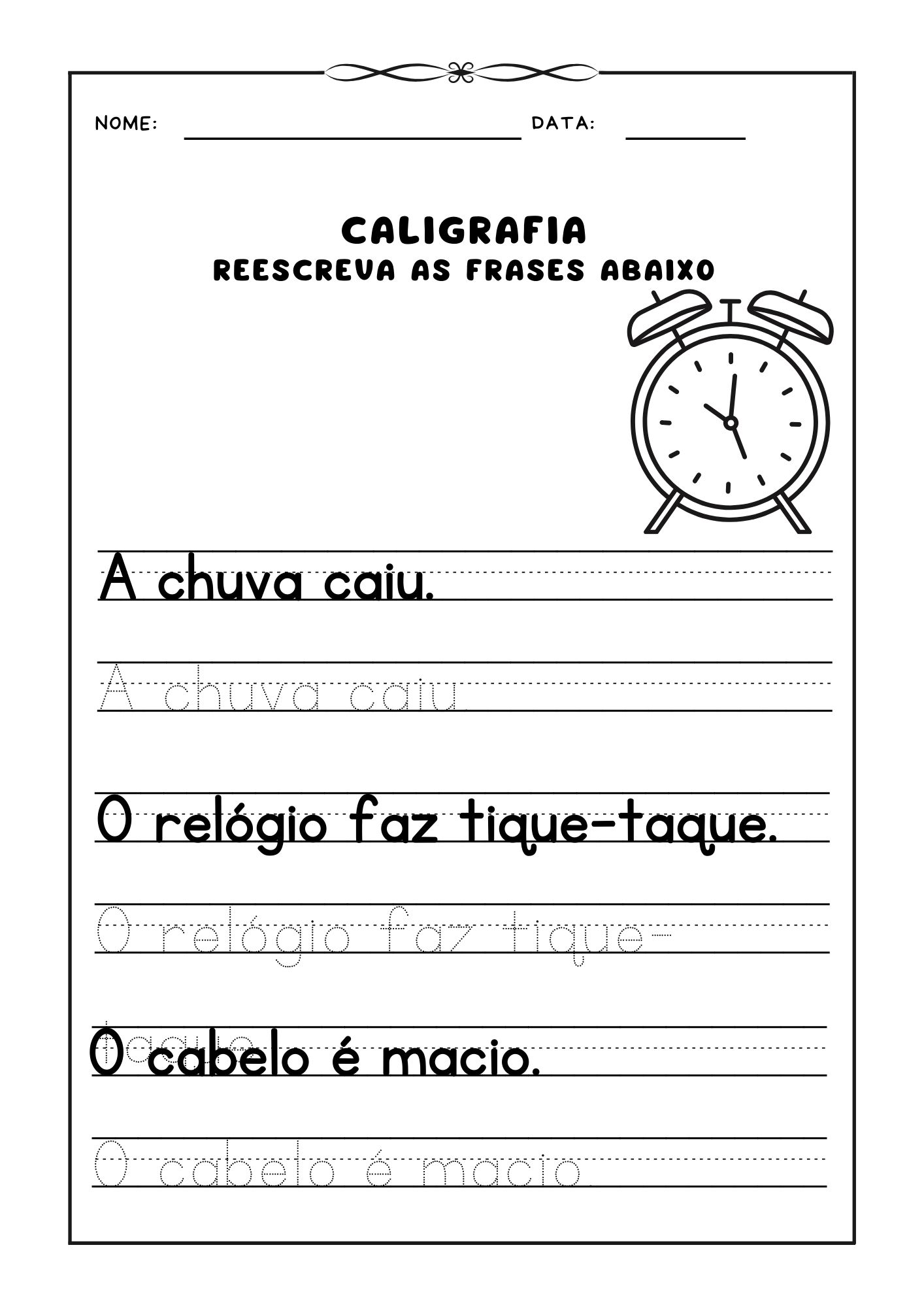 Atividade de caligrafia, Reescrever frases para prática de caligrafia, Caligrafia para crianças, Exercício de escrita, Aprendizado de caligrafia, Frases para caligrafia