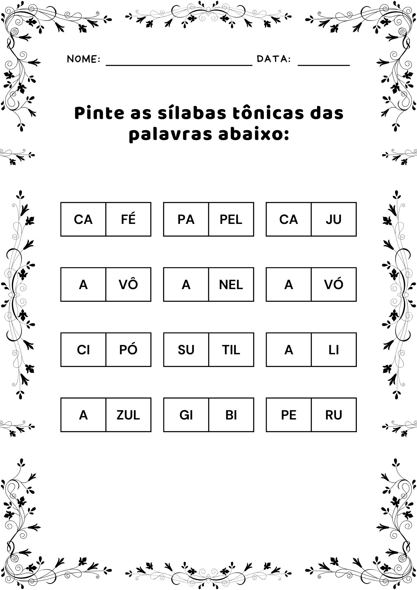  Atividade de sílabas tônicas, Exercícios de sílabas tônicas para crianças,  Sílabas tônicas para alfabetização, Identificação de sílabas tônicas, Atividade de pronúncia de sílabas tônicas, Exercício de sílaba tônica