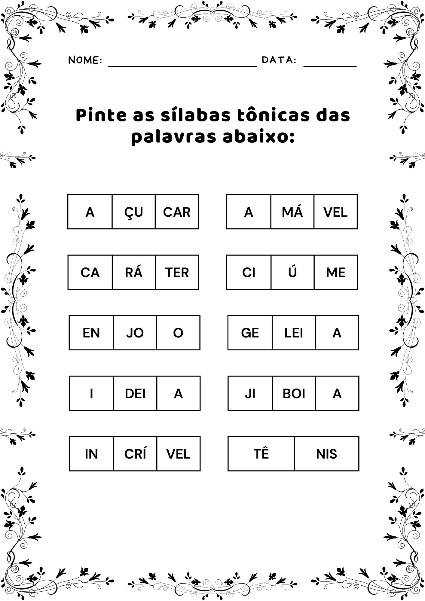  Atividade de sílabas tônicas, Exercícios de sílabas tônicas para crianças,  Sílabas tônicas para alfabetização, Identificação de sílabas tônicas, Atividade de pronúncia de sílabas tônicas, Exercício de sílaba tônica