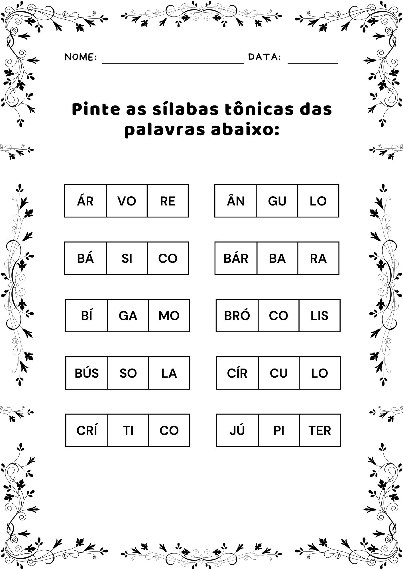  Atividade de sílabas tônicas, Exercícios de sílabas tônicas para crianças,  Sílabas tônicas para alfabetização, Identificação de sílabas tônicas, Atividade de pronúncia de sílabas tônicas, Exercício de sílaba tônica