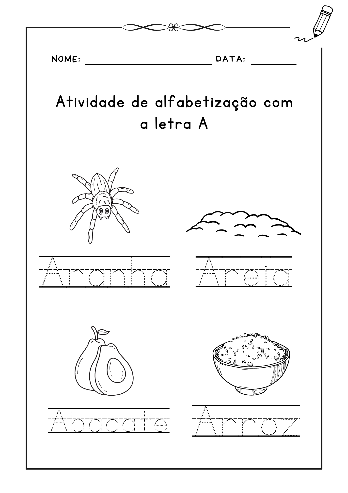 Atividade de alfabetização com a letra A