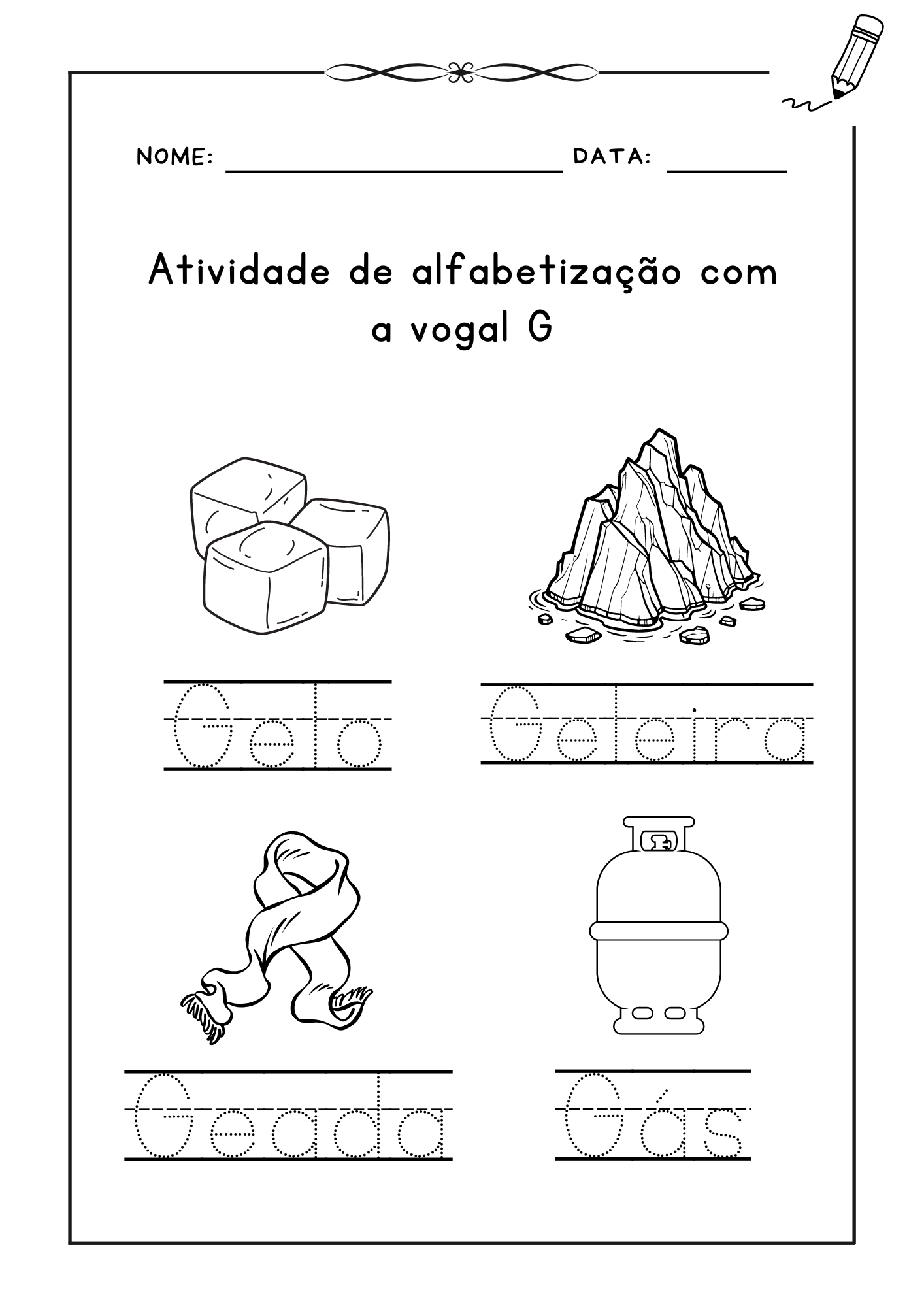 Atividade de alfabetização com a letra G