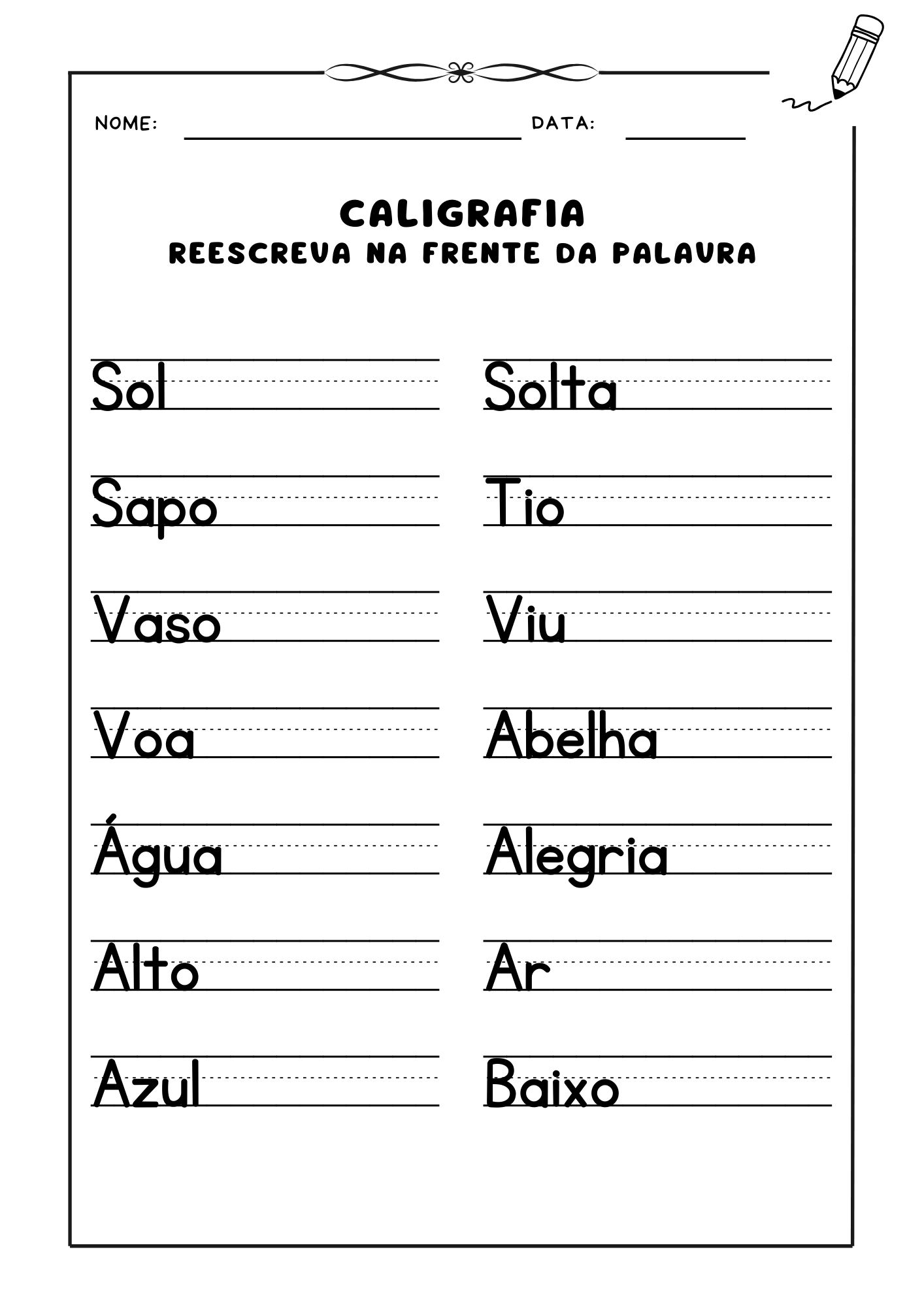 Atividade de caligrafia, Exercício de caligrafia para crianças, Reescreva palavras para prática de caligrafia, Caligrafia para alfabetização, Atividade de escrita com caligrafia,  Prática de letras e palavras