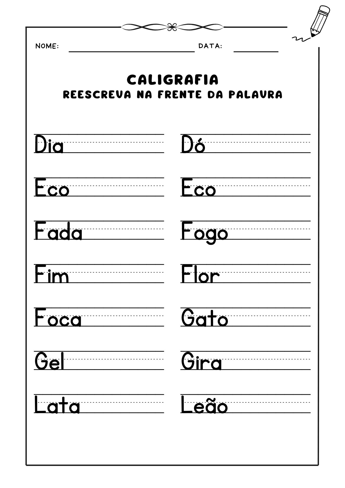 Atividade de caligrafia, Exercício de caligrafia para crianças, Reescreva palavras para prática de caligrafia, Caligrafia para alfabetização, Atividade de escrita com caligrafia,  Prática de letras e palavras