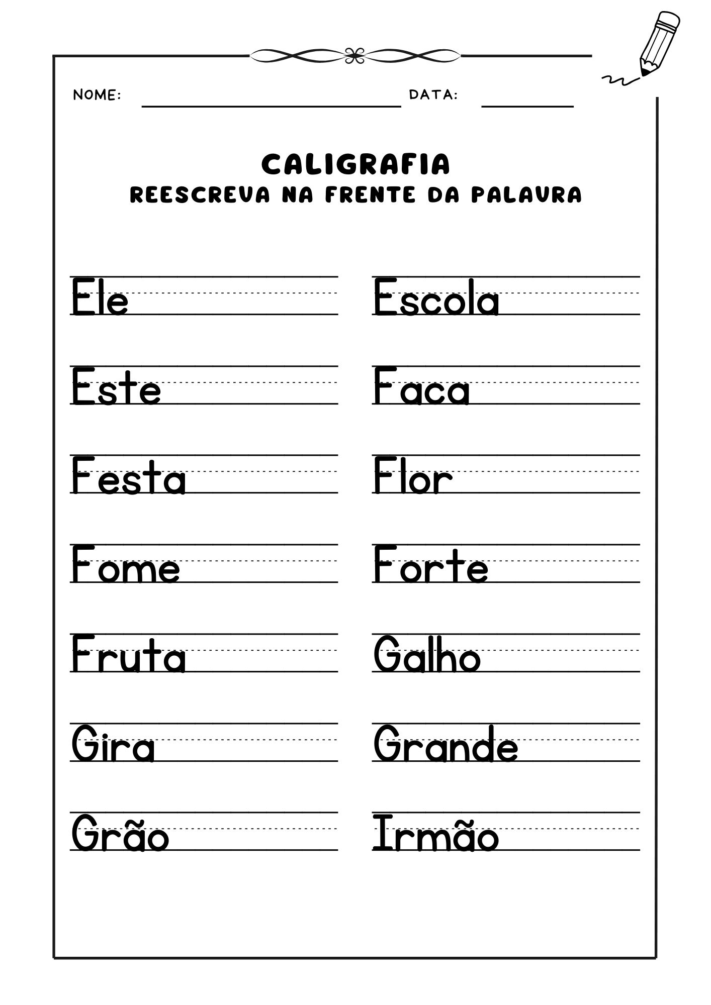 ✏️ Atividade de Caligrafia: Pratique a Escrita Reescrevendo Palavras! 📒