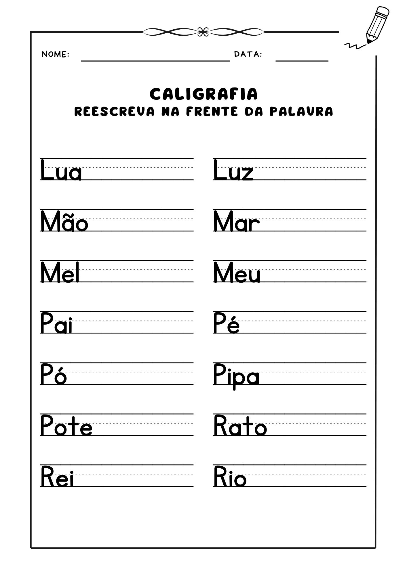 ✍️ Atividade de Caligrafia: Reescreva as Palavras e Aprimore sua Escrita! 📖