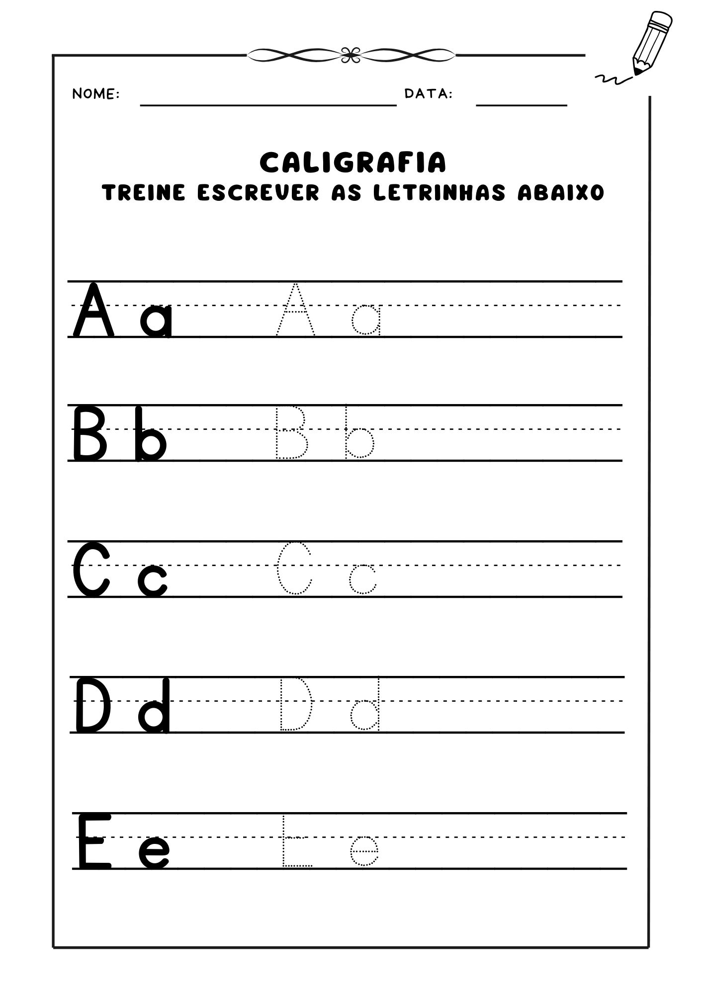 Atividade de caligrafia de letras, Prática de caligrafia para crianças, Aprendizado de letras cursivas, Exercício de escrita caligráfica, Caligrafia infantil, Letras em caligrafia para alfabetização