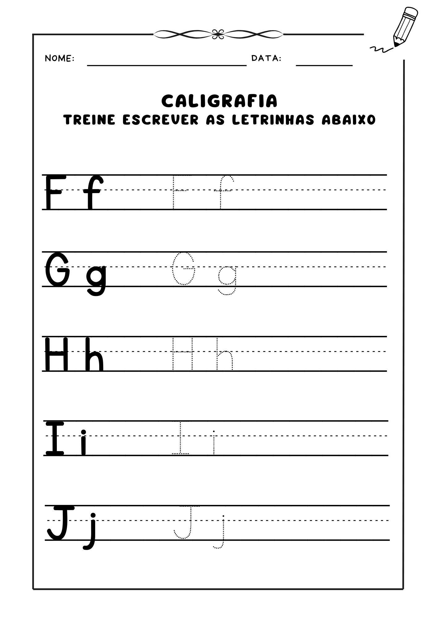 Atividade de caligrafia de letras, Prática de caligrafia para crianças, Aprendizado de letras cursivas, Exercício de escrita caligráfica, Caligrafia infantil, Letras em caligrafia para alfabetização