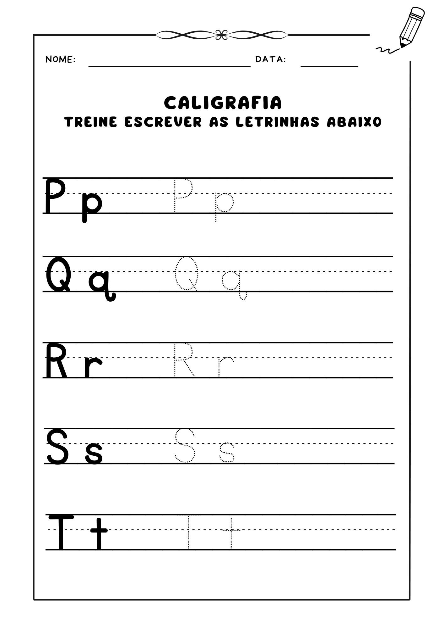 Atividade de caligrafia de letras, Prática de caligrafia para crianças, Aprendizado de letras cursivas, Exercício de escrita caligráfica, Caligrafia infantil, Letras em caligrafia para alfabetização