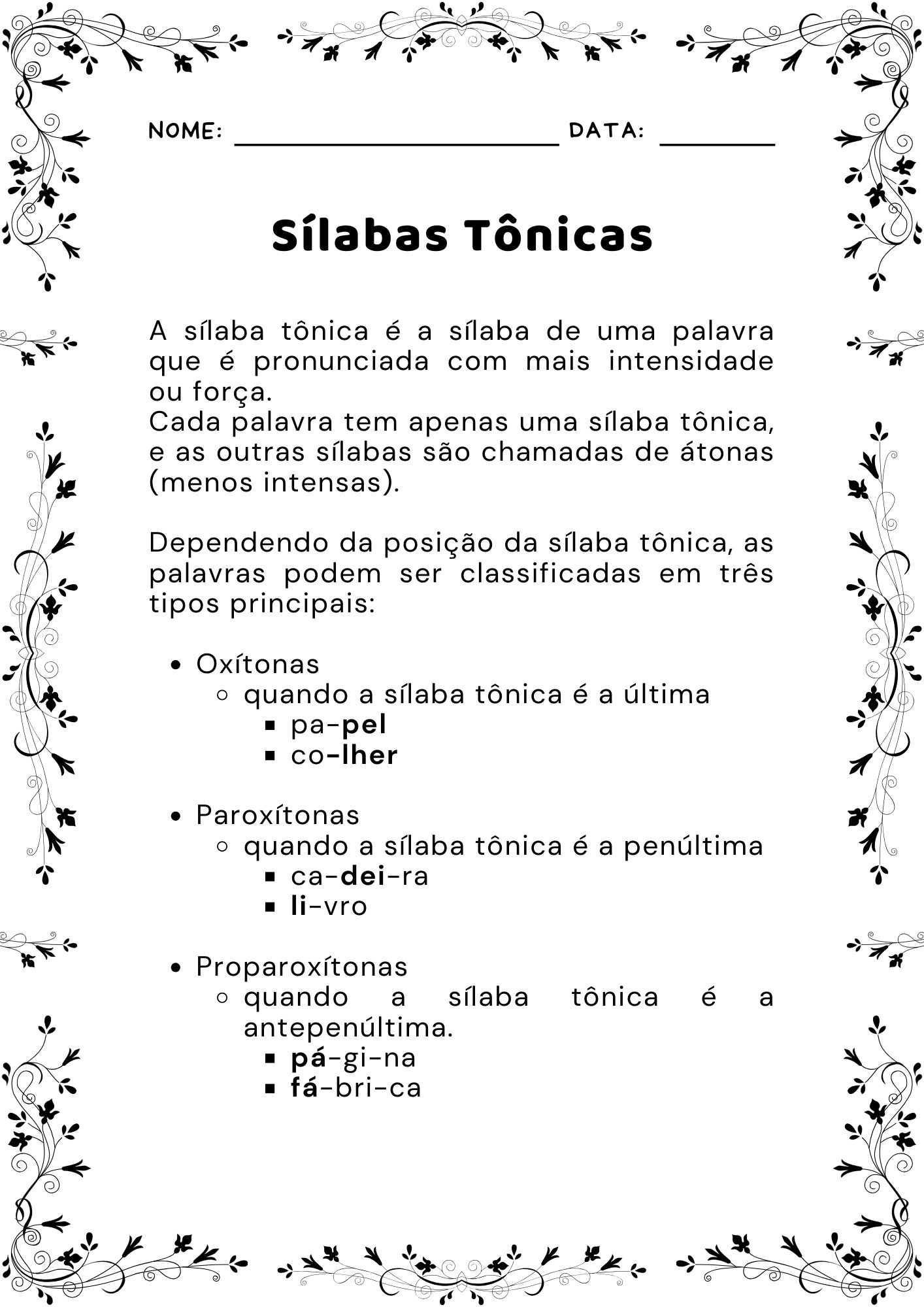 Atividade com Sílabas Tônicas