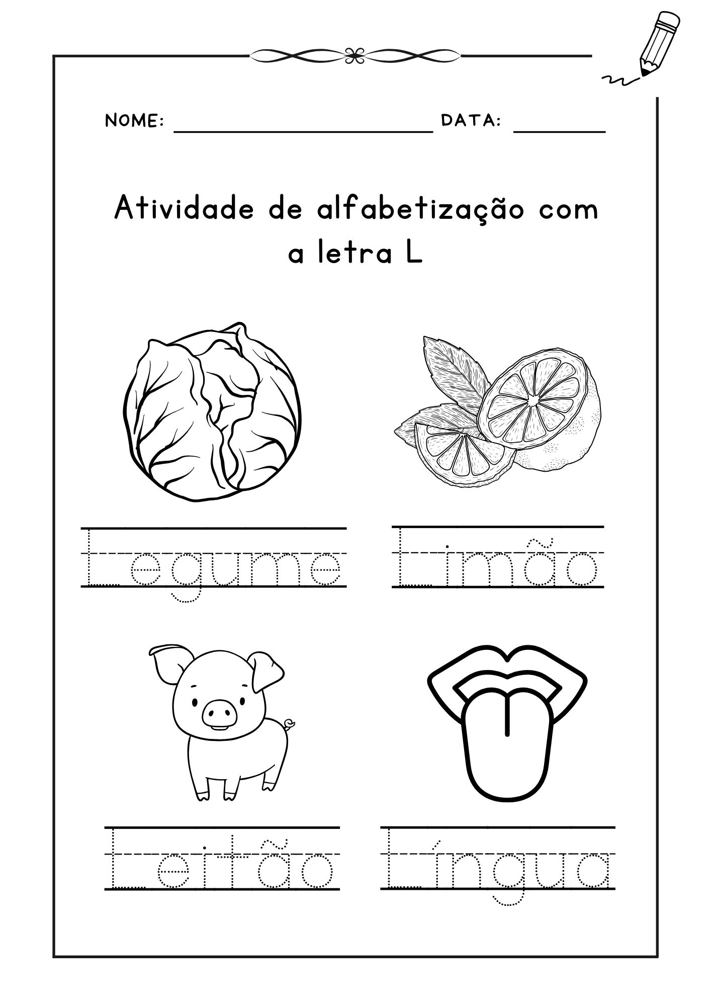 ✍️ Atividade de alfabetização com a letra L 📖