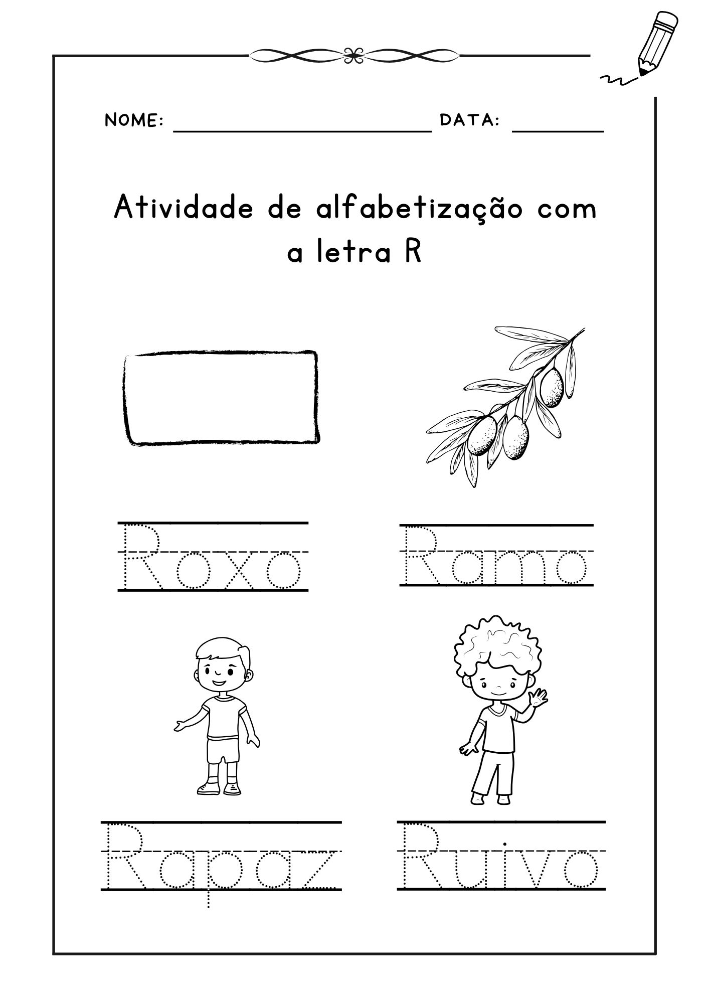 ✍️ Atividade de alfabetização com a letra R 📖