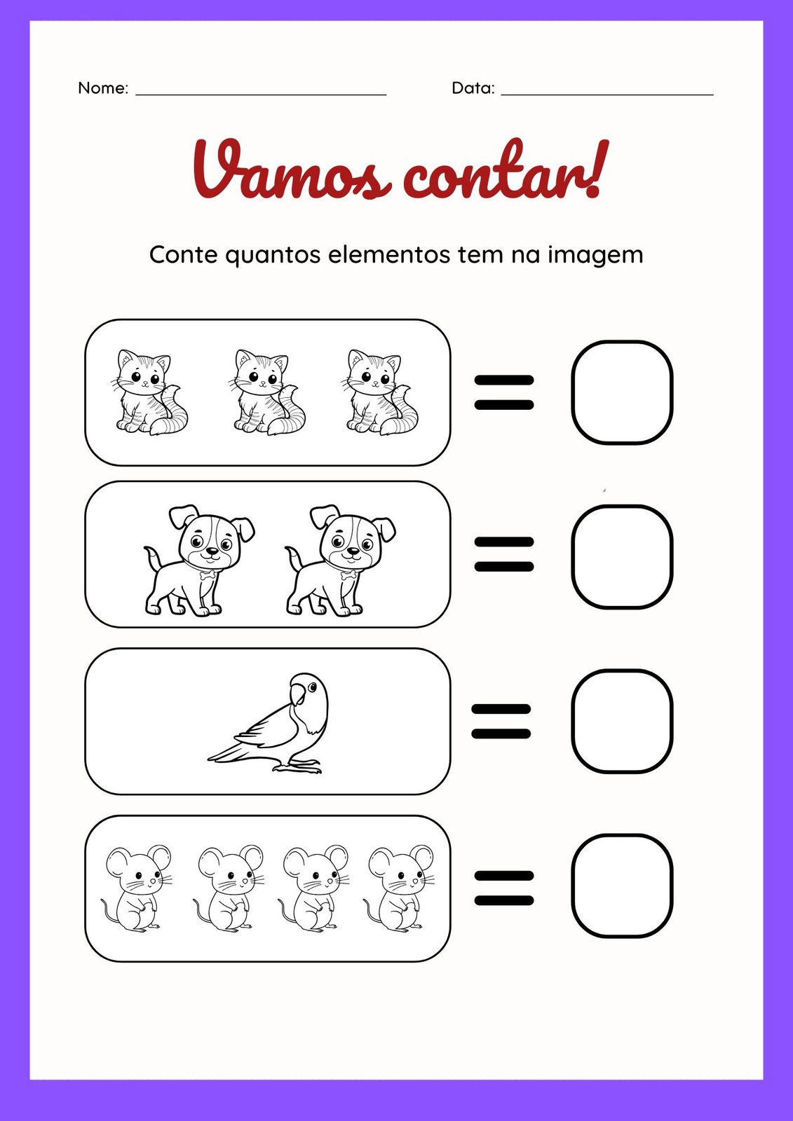 Atividade de contagem, Aprender a contar com desenhos,  Contagem pra crianças,  Atividade de matemática inicial, Aprendizado numérico, Contagem de figuras