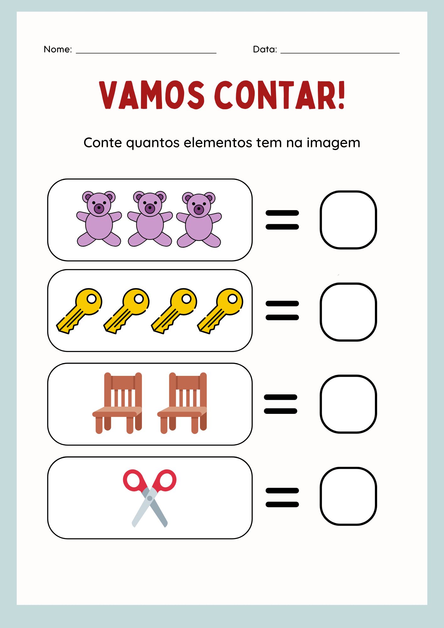 Atividade de contagem, Aprender a contar com desenhos,  Contagem pra crianças,  Atividade de matemática inicial, Aprendizado numérico, Contagem de figuras