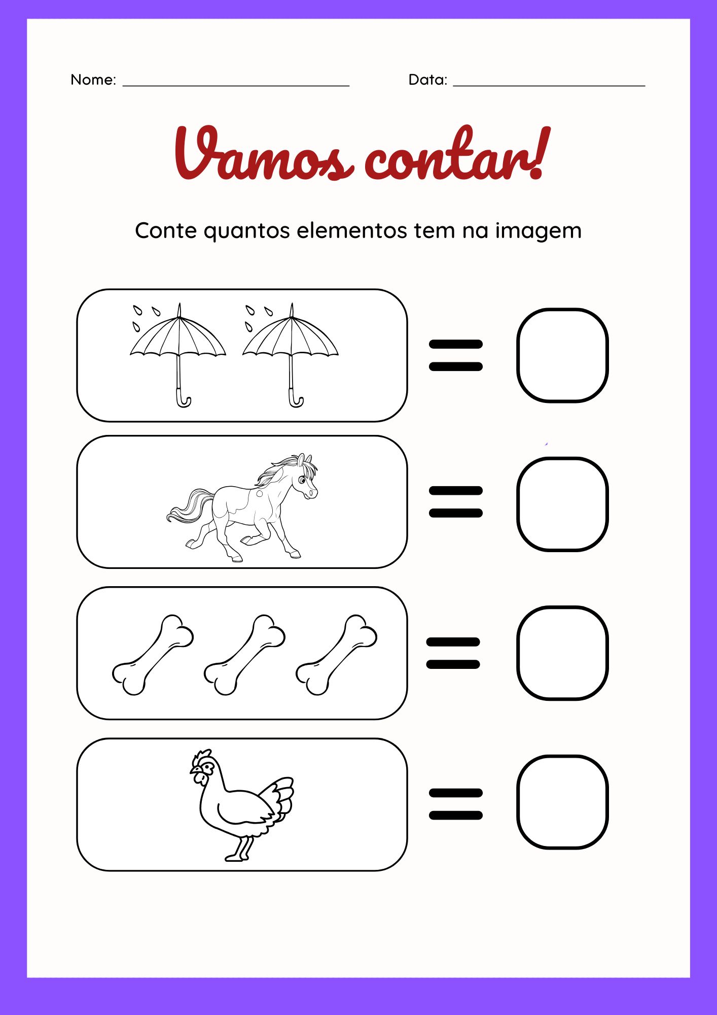 Atividade de contagem, Aprender a contar com desenhos,  Contagem pra crianças,  Atividade de matemática inicial, Aprendizado numérico, Contagem de figuras