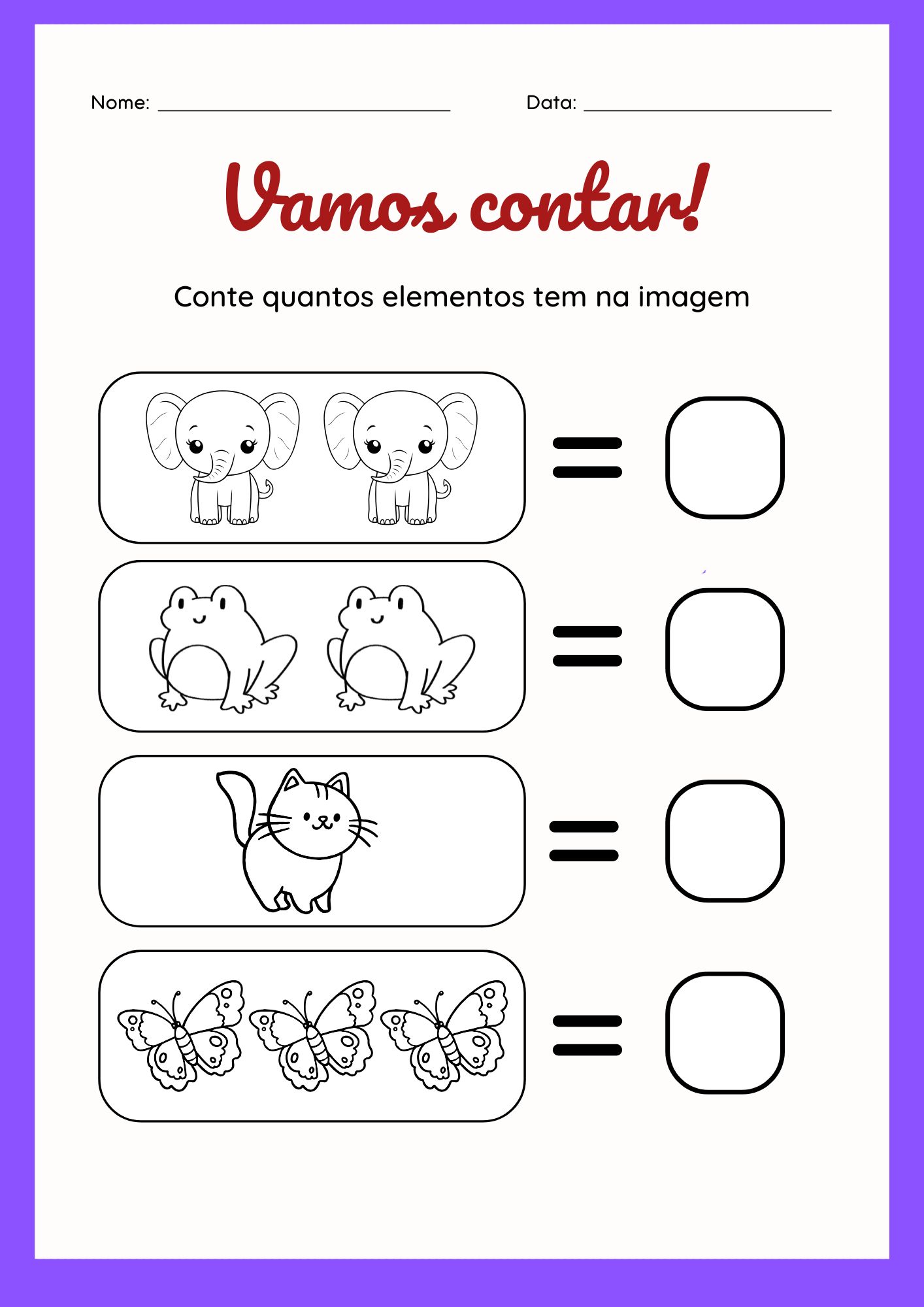 Atividade de contagem, Aprender a contar com desenhos,  Contagem pra crianças,  Atividade de matemática inicial, Aprendizado numérico, Contagem de figuras