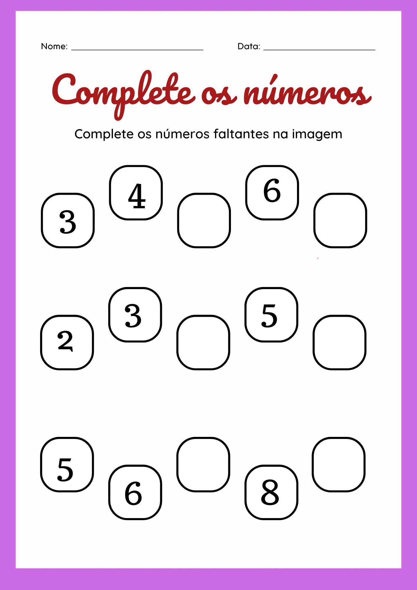  Atividade de números faltantes, Completar sequência numérica, Exercício de números para crianças, Atividade de matemática para educação infantil, Aprendizado de contagem e números