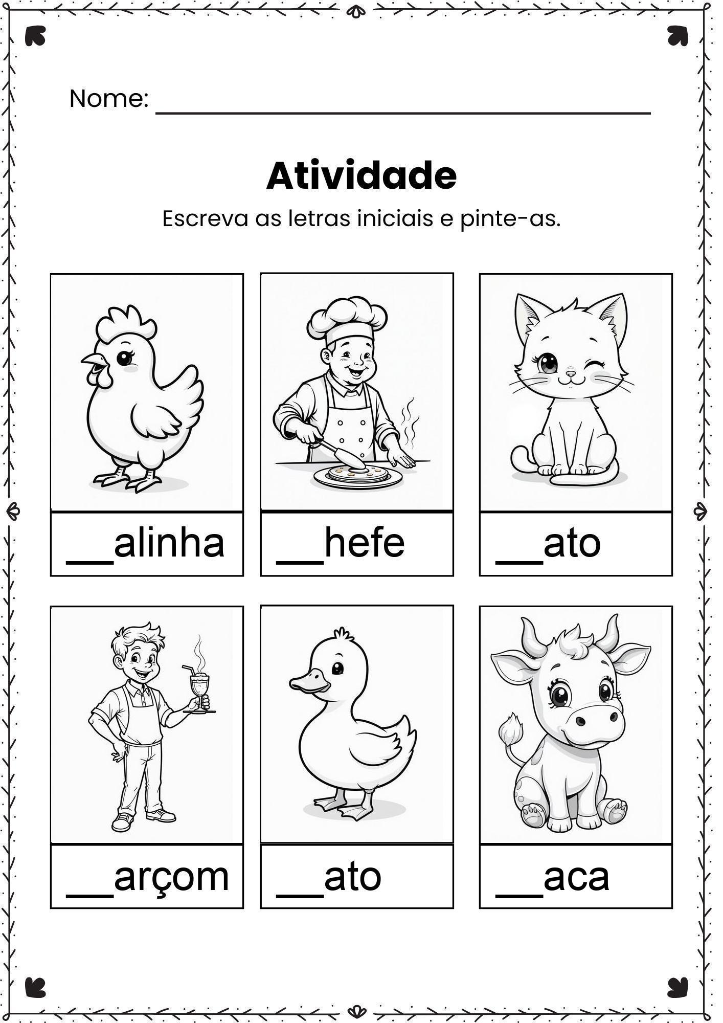 Atividade de Alfabetização: Complete a Primeira Letra da Palavra